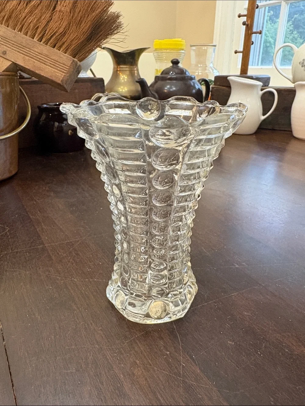 Indiana Glass Vintage Mayflower Pattern Clear Bubbled & Bars Vase